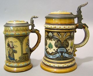 Two Mettlach steins, ca. 1900, with etched decorat