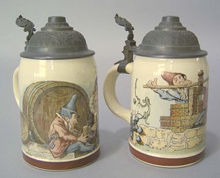 Two Mettlach steins, ca. 1900, with transfer decor