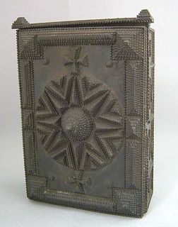 Tramp art jewelry box, ca. 1900, the single door w
