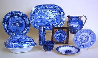 Blue and white Staffordshire to include a pitcher,