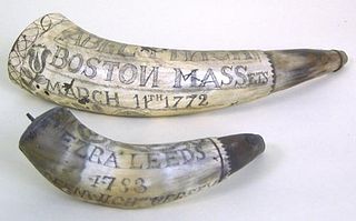 Two powder horns, 19th c., with later scrimshaw de
