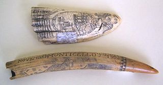 Tusk and bone, 19th c., with later scrimshaw decor