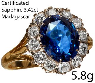 CERTIFICATED SAPPHIRE AND DIAMOND CLUSTER RING