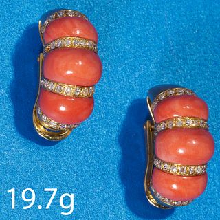 PAIR OF CORAL AND DIAMOND CLIP EARRINGS.