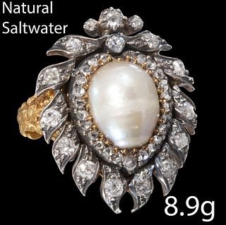 ANTIQUE NATURAL SALTWATER PEARL AND DIAMOND RING