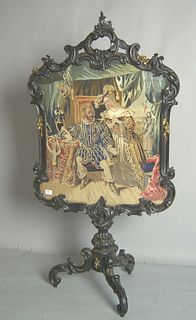 Victorian rococo pole screen, ca. 1860, with overa