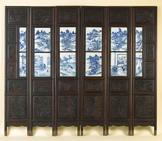 Chinese carved hungali wood folding screen, 19th c