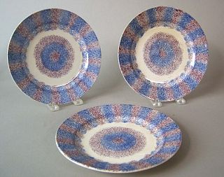 Three blue and purple rainbow spatter plates, 19th