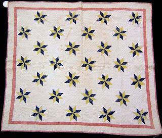 Pieced crib quilt, late 19th c., with a blue and y