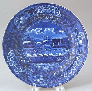 Historical blue plate depicting "Landing of Genera