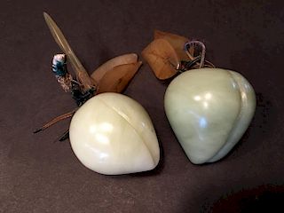 OLD Chinese Celadon White and Grey Jade Peaches, late 19th Century, 2" wide