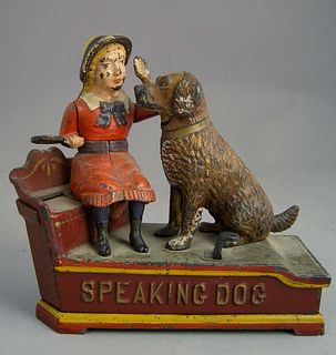 Speaking dog mechanical bank by J.E. Stevens, pate