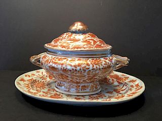 ANTIQUE Chinese Sacred Birds and Butterfly Tureen and tray platter. Ca 1810. 12" platter, 9" Long tureen.