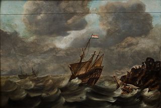 Follower of Adriaen Cornelisz Van der Salm oil on board The Shipwreck
