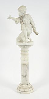 Boy and Spinning Top Alabaster Sculpture on Pedestal 