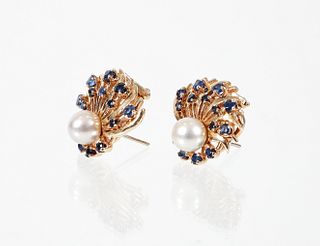 Pair 14K Pearl Sapphire Earrings