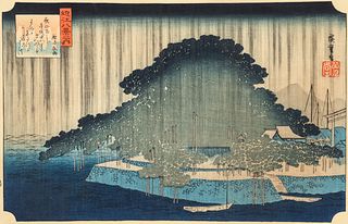 Utagawa Hiroshige Woodblock Evening Rain at Karasaki 