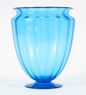Steuben Celeste Blue Glass Ribbed Vase