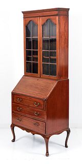 Attractively Inlaid Queen Anne Style Secretary Bookcase