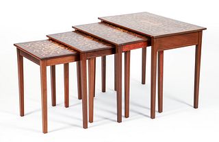 Craftsman elaborately inlaid Nesting Tables with Floriform tops