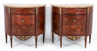 Pair of elaborately inlaid Demilune Chest of Drawers marble tops