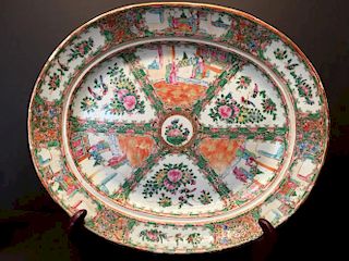ANTIQUE Chinese Rose Medallion Platter, 18" x 15 1/2" long,  late 19th C.