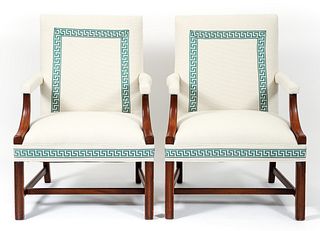 Pair of Grecian Key Trim George III Style Lolling Chairs 
