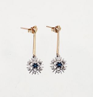 Pair 14K Bi-Color Sapphire Diamond Dangle Earrings