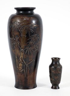 2 Antique Japanese Bronze Vases Birds Amongst Foliage 