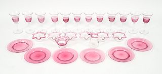 26 piece Collection Steuben Pink Threaded Goblets Candy Dishes