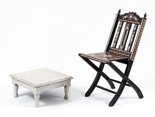 Moorish Style Mother of Pearl Inlay Chair and Ottoman