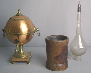 Copper hot water urn, together with an etched glas