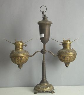 Brass double arm student lamp, and a brass plaquef