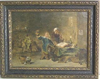 Oil on panel interior of a tavern, 19th c., 8 1/4"