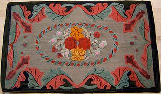American hooked rug with raised Waldoboro floral d