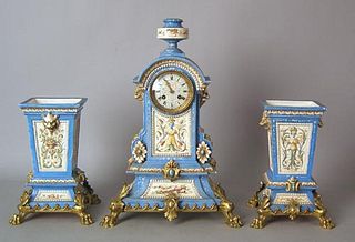 French brass and porcelain 3-piece clock set, 18 3