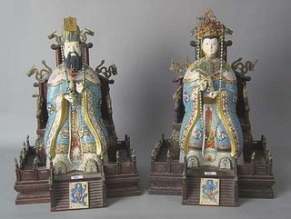 Pair of cloisonne Chinese figures on thrones withr