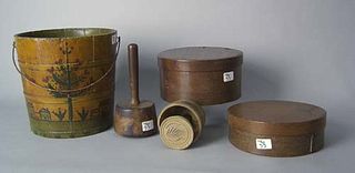 Five pcs. of woodenware to include a painted bucke