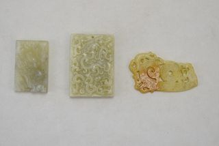 THREE HAND CARVED JADE PENDANTS AND PLAQUES