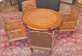 ASIAN CARVED WOOD DINING TABLE AND ARMCHAIRS SET