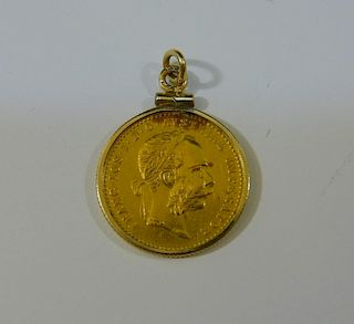 1899 AUSTRIA 10 CORONA GOLD COIN AND 18K GOLD PENDANT