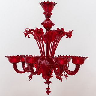 Murano Glass Red Glass Eight-Light Chandelier