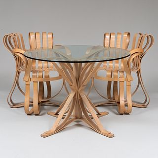 Frank Gehry for Knoll 'Face Off' Cafe Table and Two 'Cross Check' Chairs