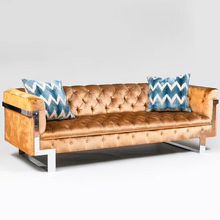 Contemporary Chrome and Tufted Silk Velvet Upholstered Sofa