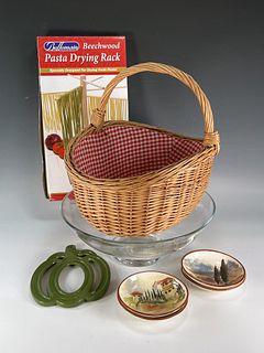 PASTA DRYING RACK, LARGE GLASS SERVING BOWL, WILLIAM SONOMA DISHES