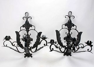 PAIR WROUGHT IRON ROSE WALL SCONCES 