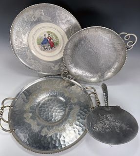 3 LARGE ROUND HAMMERED ALUMINUM TRAYS WITH HANDLES & BUTLER