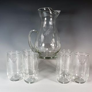 ETCHED GLASS PITCHER & 6 JUICE GLASSES