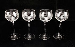 FOUR WINE GLASSES WITH ETCHED GRAPE DESIGN