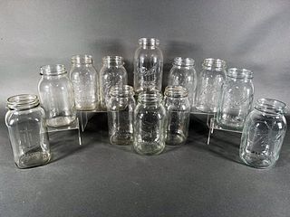 12 ASSORTED CLEAR GLASS MASON JARS